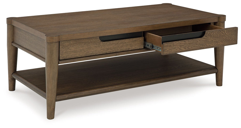 Rectangular brown coffee table with drawer and open lower shelf