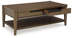 Rectangular brown coffee table with drawer and open lower shelf