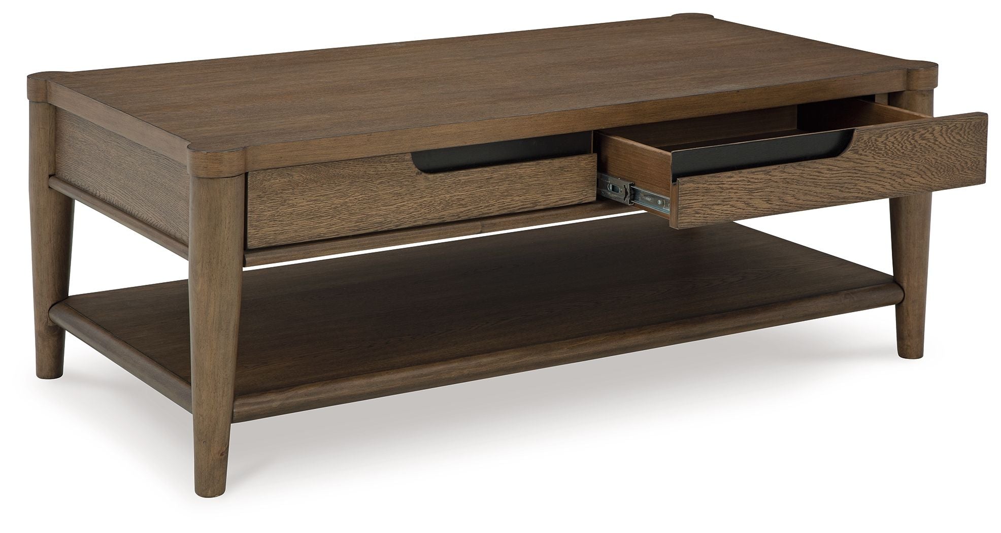 Rectangular brown coffee table with drawer and open lower shelf