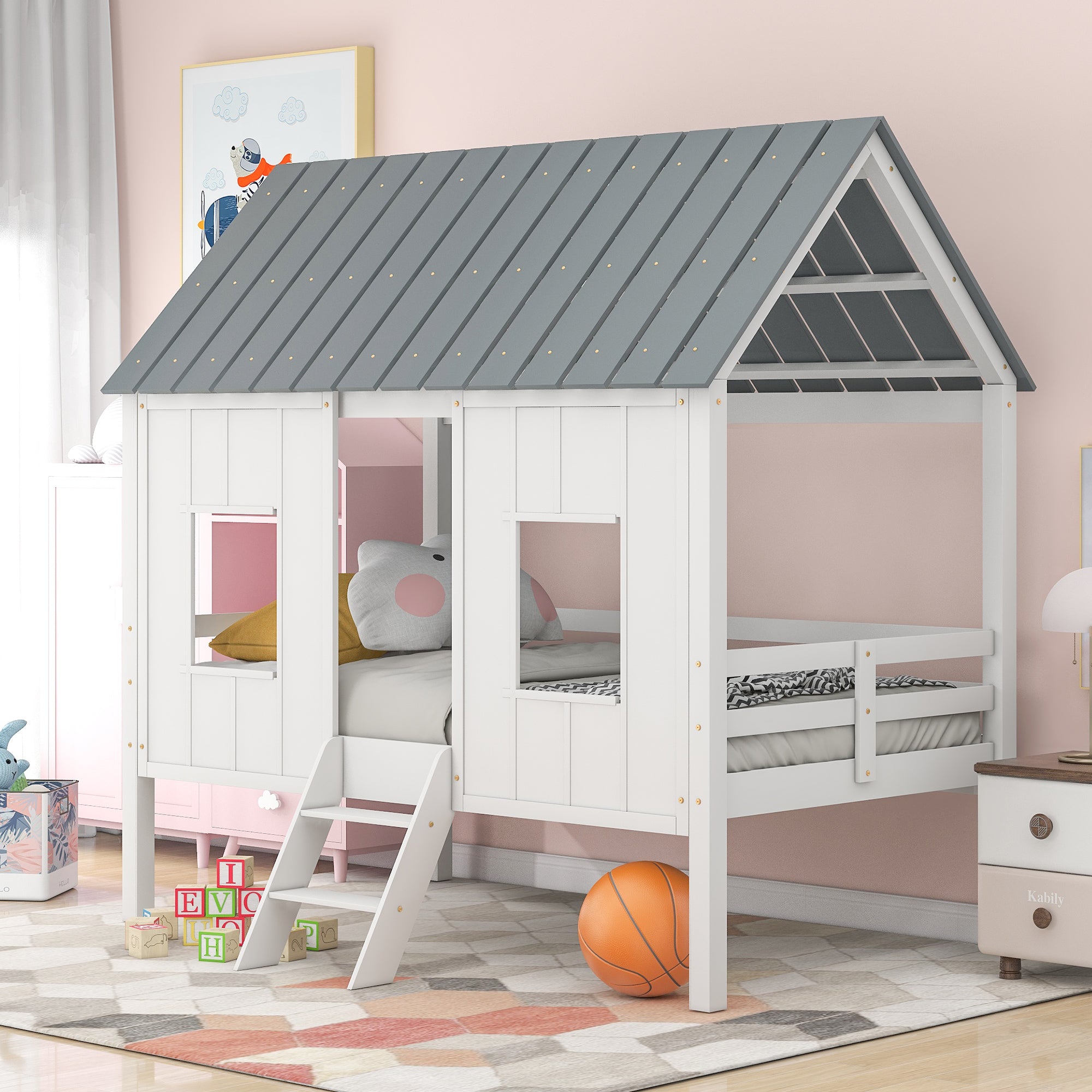 Twin Low Loft House Bed with Roof & Windows - White