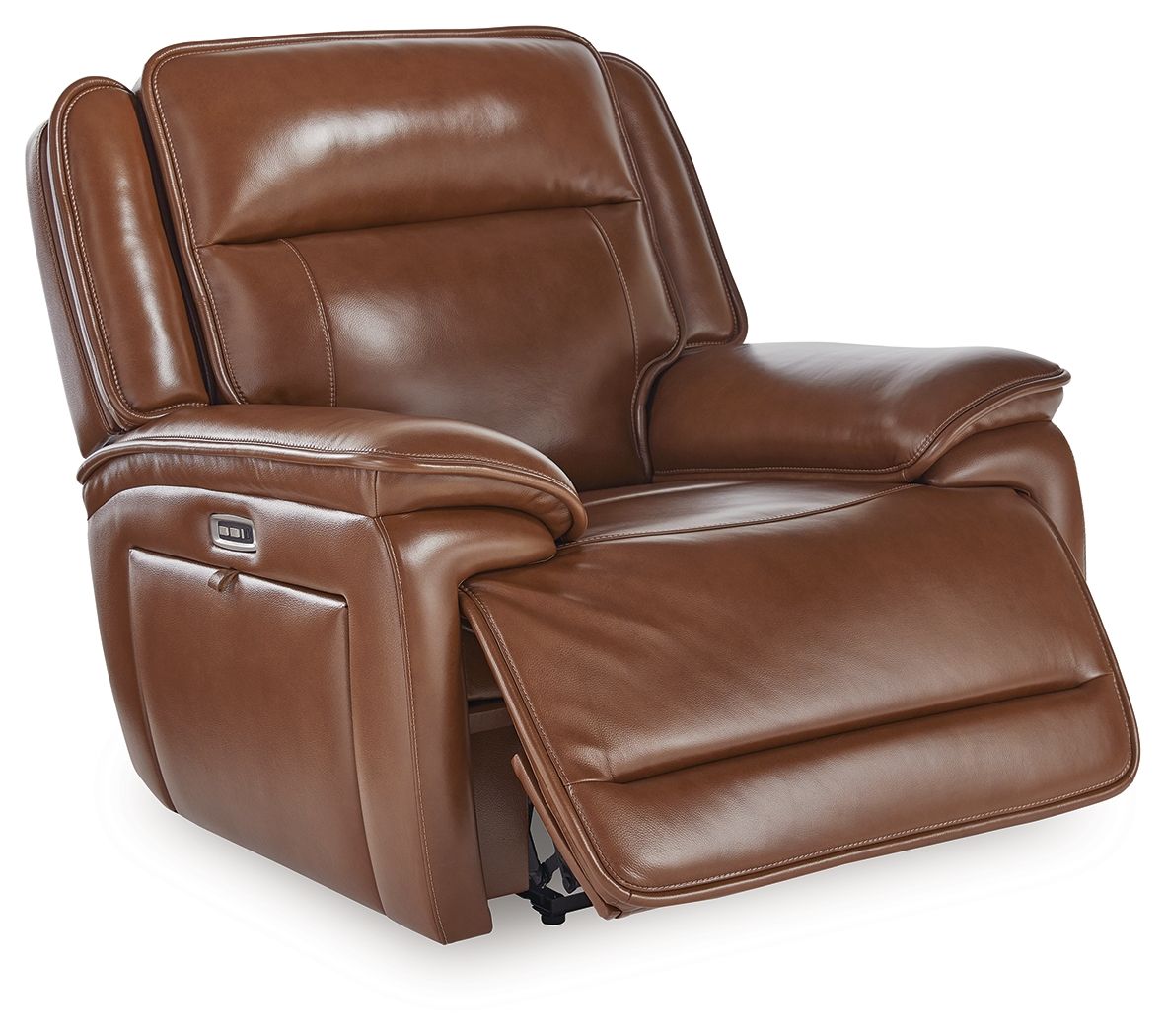 Chocolate brown power recliner angled view with extendable footrest and adjustable headrest.