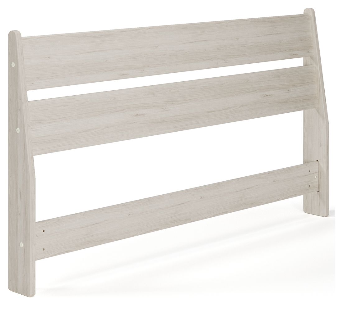 Light beige panel headboard with three horizontal slats and visible wood grain texture