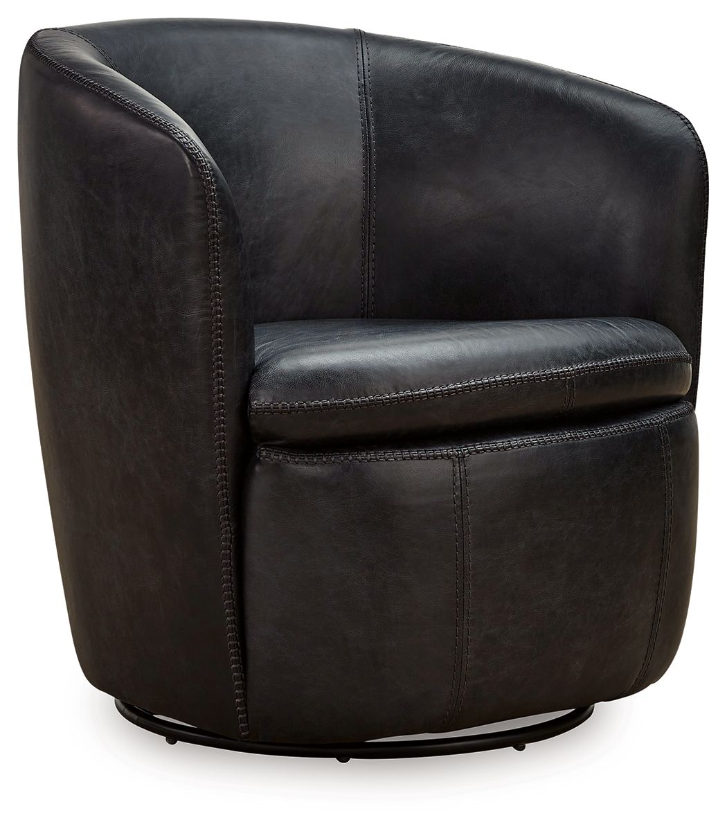 Dark brown leather-look swivel chair with rounded arms, cushioned seat, and stitched panels.