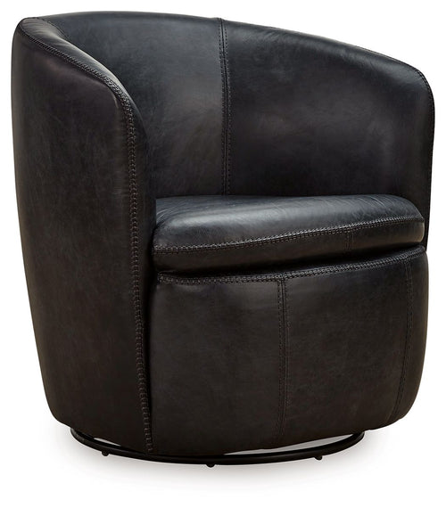 Dark brown leather-look swivel chair with rounded arms, cushioned seat, and stitched panels.