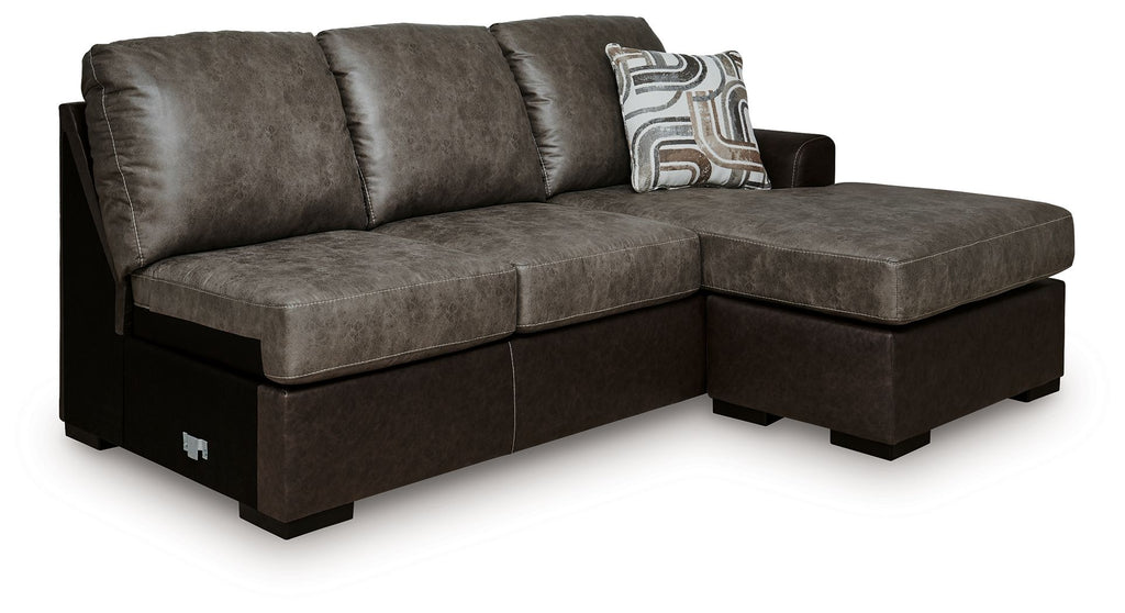 Sectional sofa chaise in dark fossil brown upholstery, with patterned accent pillow