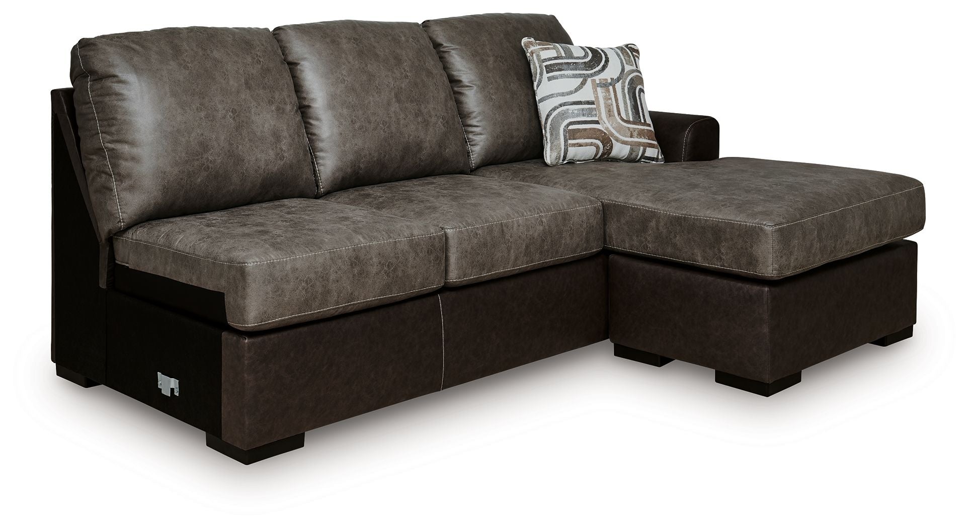 Sectional sofa chaise in dark fossil brown upholstery, with patterned accent pillow