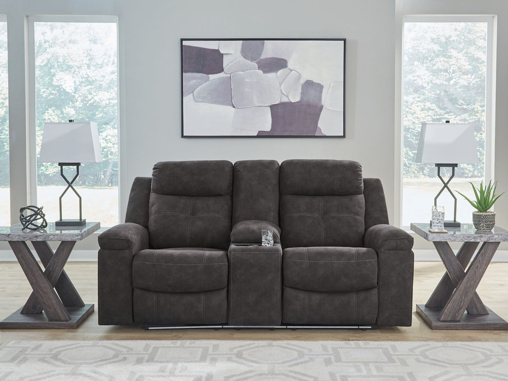 Charcoal double reclining loveseat with center console and cushioned arms