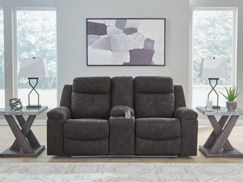 Charcoal double reclining loveseat with center console and cushioned arms