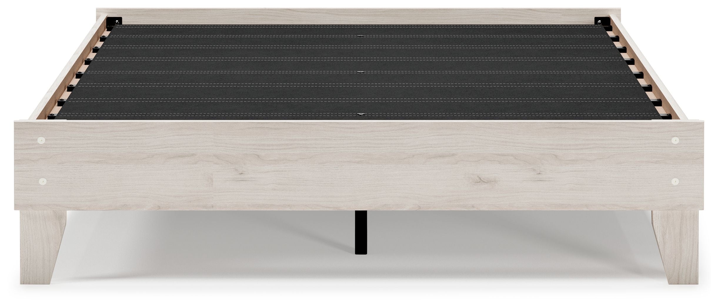 Light beige platform bed frame with black slat support and timber panels
