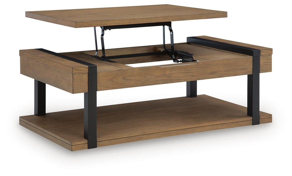 Light brown two-tier coffee table with black legs and lift-up top panel