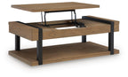 Light brown two-tier coffee table with black legs and lift-up top panel