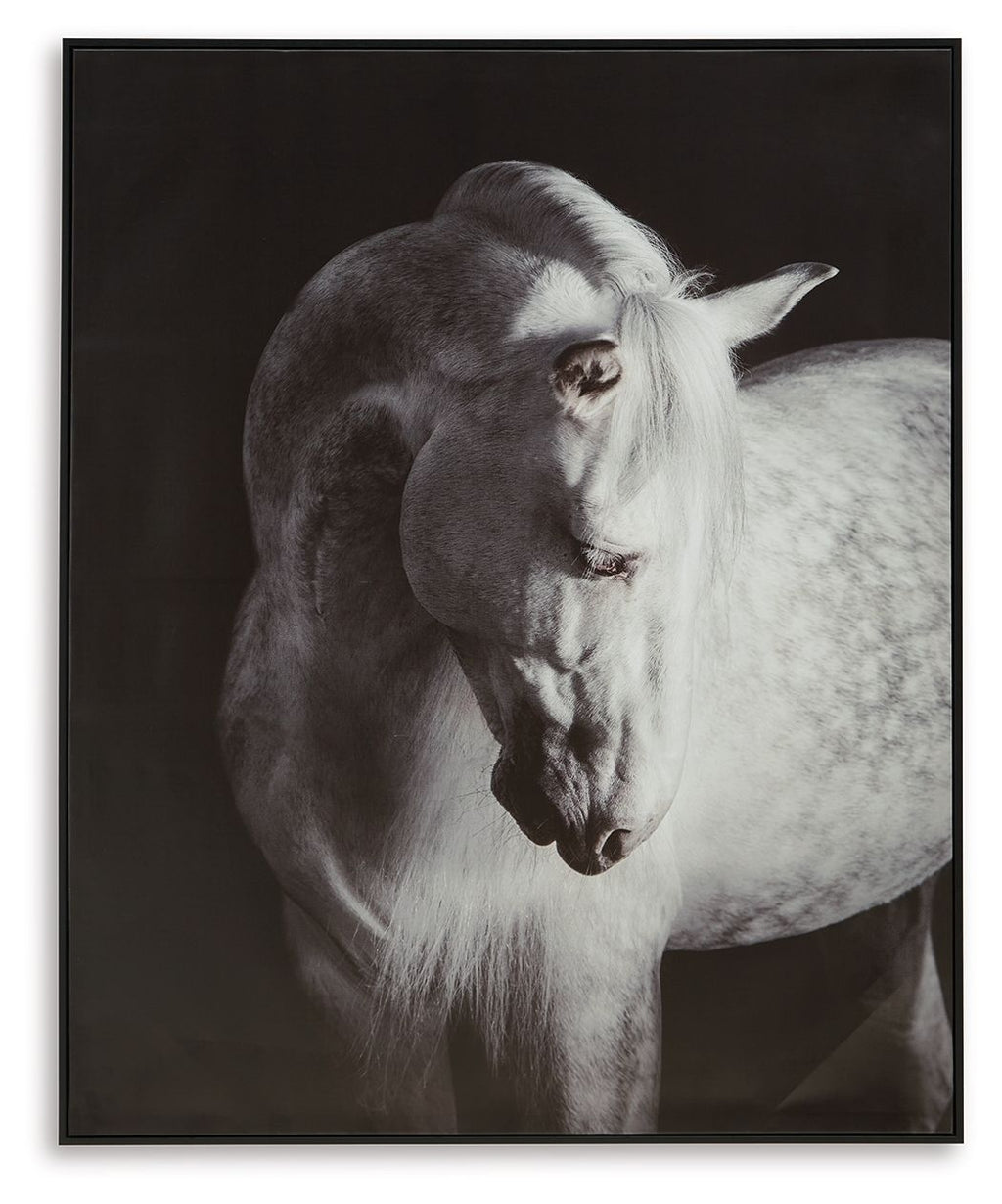 Black-framed wall art print of a black-and-white horse head