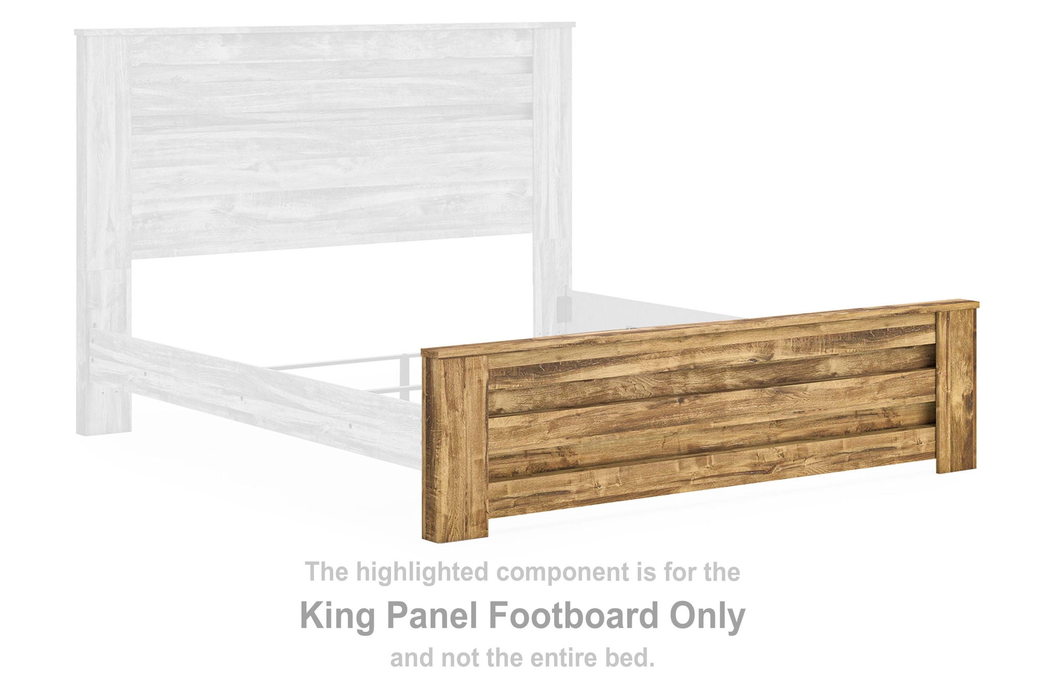 Brown wood panel king footboard with horizontal slats