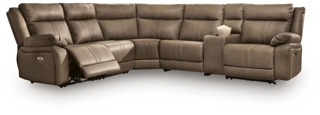 Taupe-brown power reclining sectional sofa, side profile with chaise and split seats