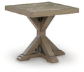 Beige square end table with paneled top and cross-leg base