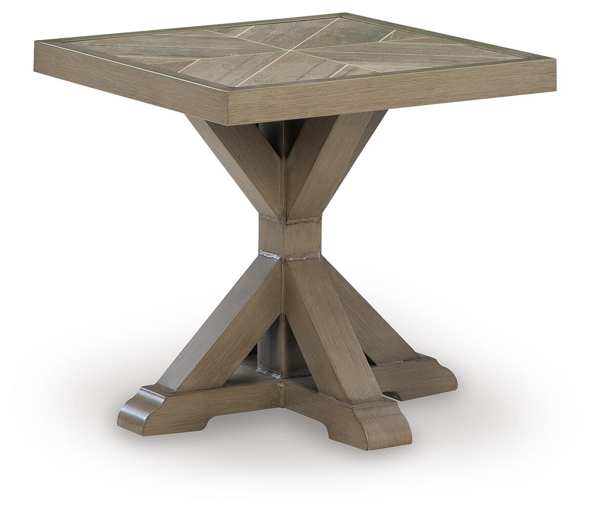 Beige square end table with paneled top and cross-leg base