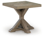 Beige square end table with paneled top and cross-leg base