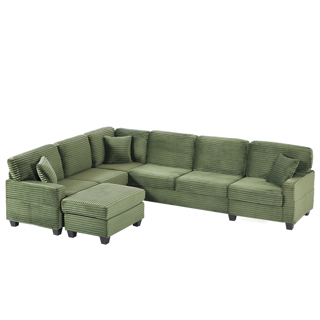 Green corduroy L-shaped sectional sofa with ottoman and back cushions