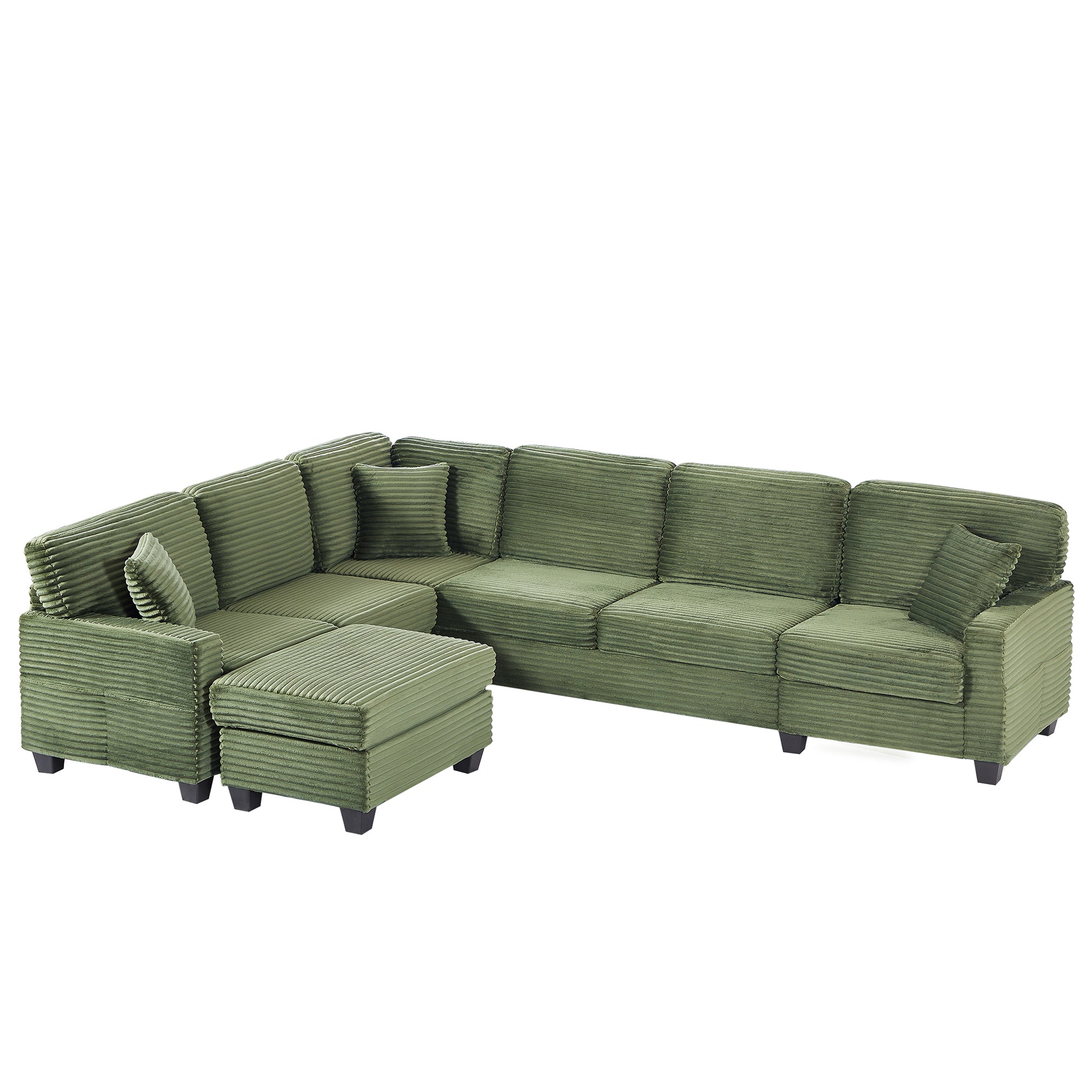 Green corduroy L-shaped sectional sofa with ottoman and back cushions