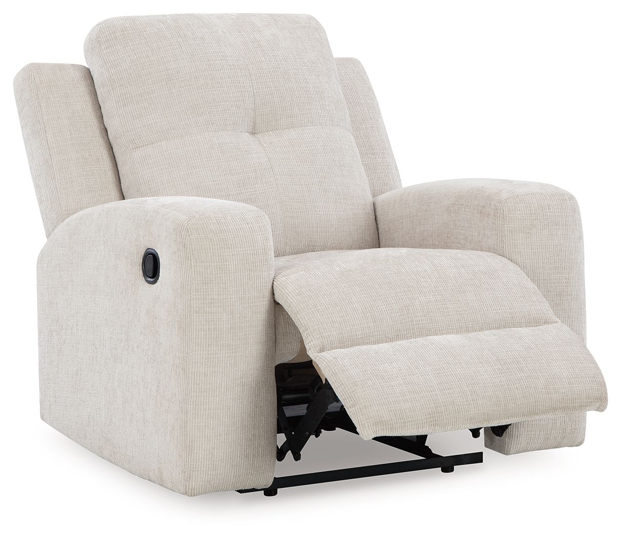 Stone fabric wall recliner with extended footrest, padded arms, and curved seat design