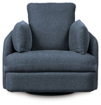 Swivel glider recliner chair in dark blue fabric, rounded arms and thick backrest.