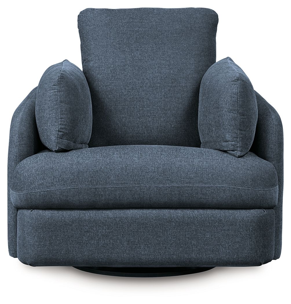 Swivel glider recliner chair in dark blue fabric, rounded arms and thick backrest.