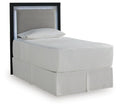 Light gray upholstered panel headboard with dark side frame and textured inset.