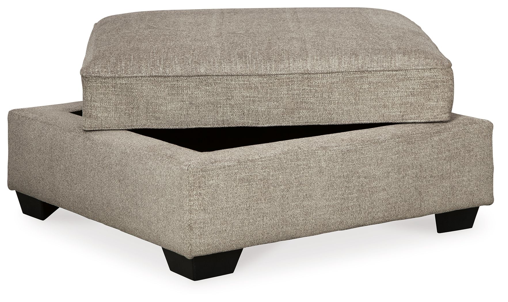 Stone beige upholstered storage ottoman with hinged lid and black legs