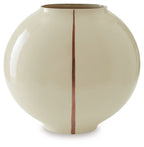 Beige ceramic vase with glossy finish and vertical brown stripe, wide round body