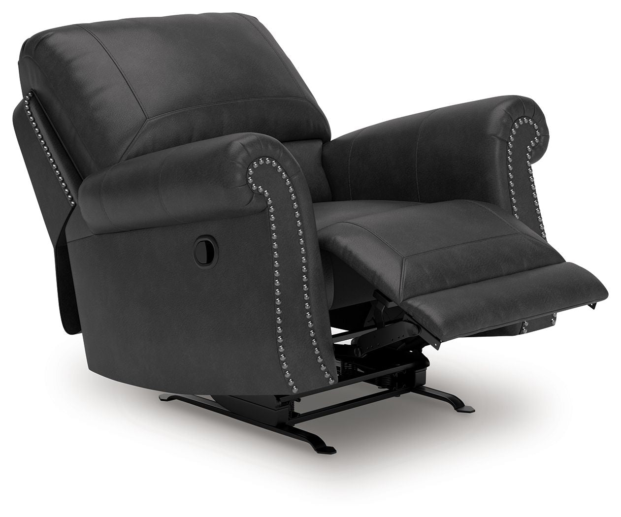 Dark gray swivel recliner reclined with extended footrest and studded trim