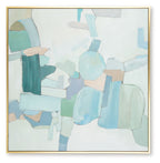 Abstract wall art with pale blue, white, and teal panels, framed in gold