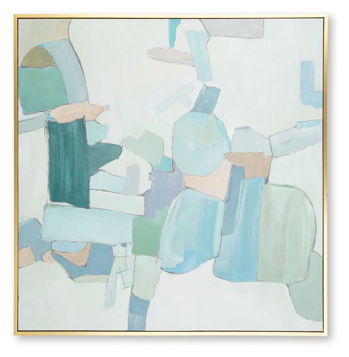 Abstract wall art with pale blue, white, and teal panels, framed in gold