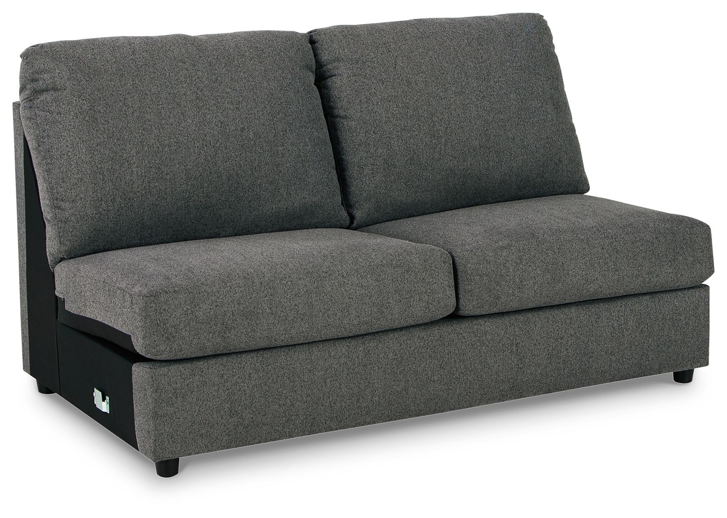 Dark gray armless loveseat with tufted back panels, two seat cushions, square arms