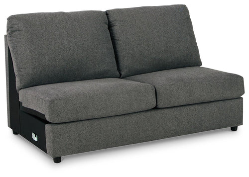 Dark gray armless loveseat with tufted back panels, two seat cushions, square arms
