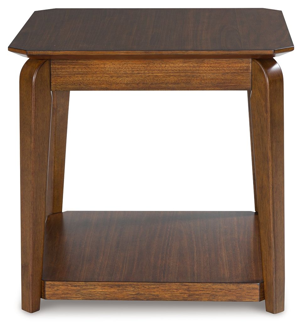 Square end table in medium brown wood with open lower shelf and thick apron