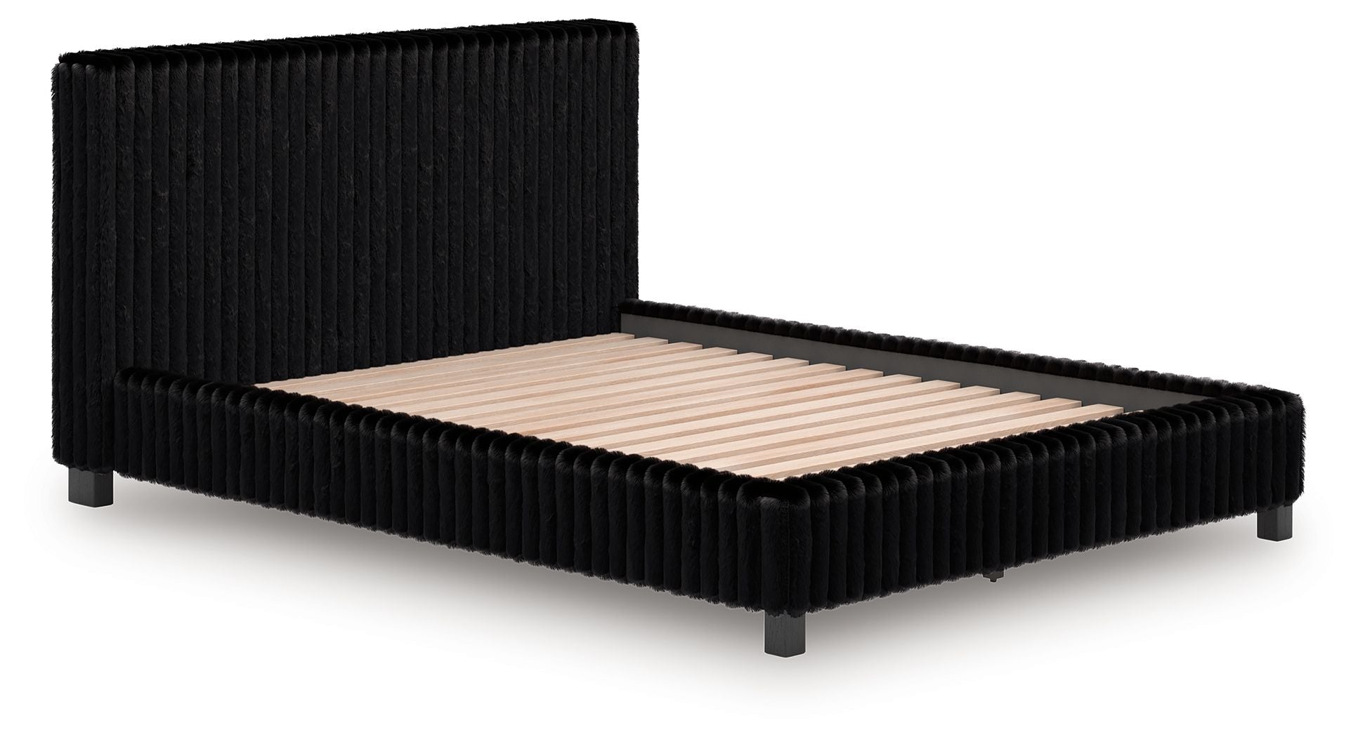 Black upholstered bed with vertical channel headboard and padded platform frame.