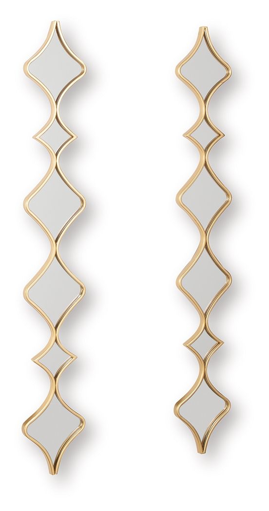Gold accent mirror set of two tall mirrors with scalloped diamond frames and gray glass