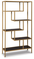 Gold bookcase with open cubbies and stacked shelves in dark brown