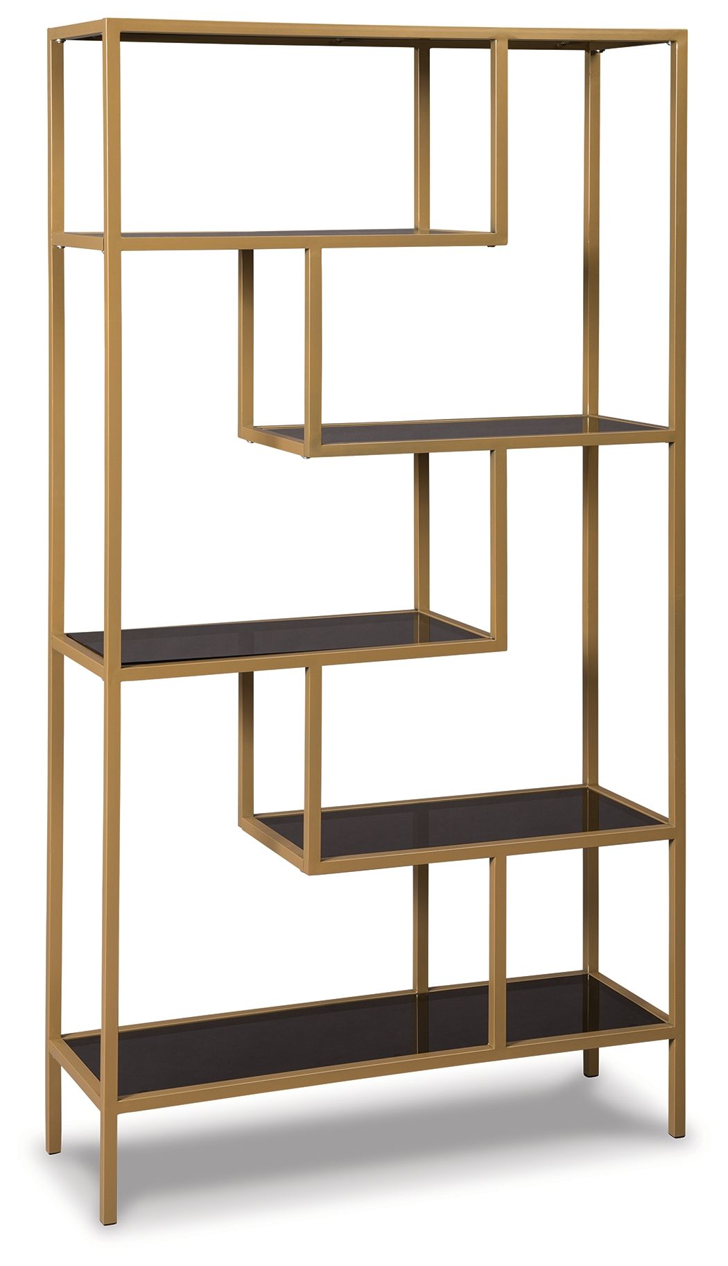 Gold bookcase with open cubbies and stacked shelves in dark brown