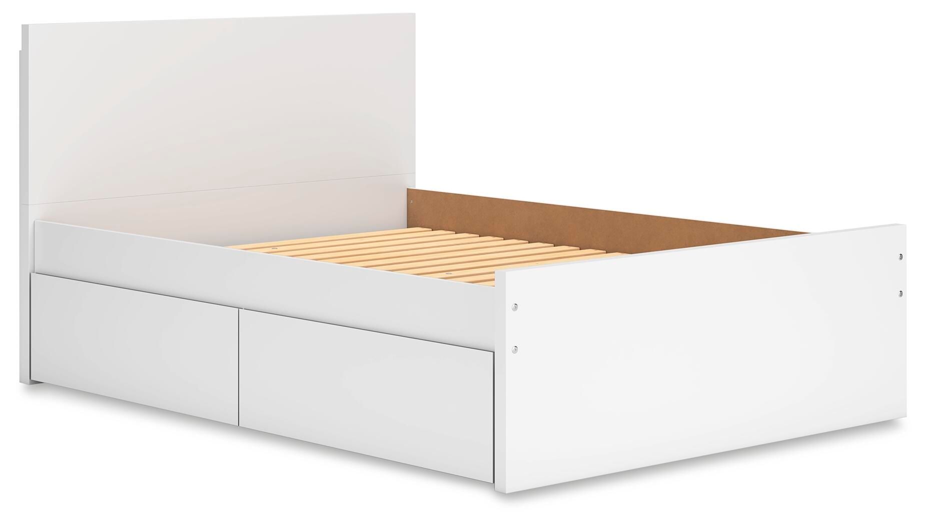 White panel platform bed with two side storage drawers and slatted mattress support