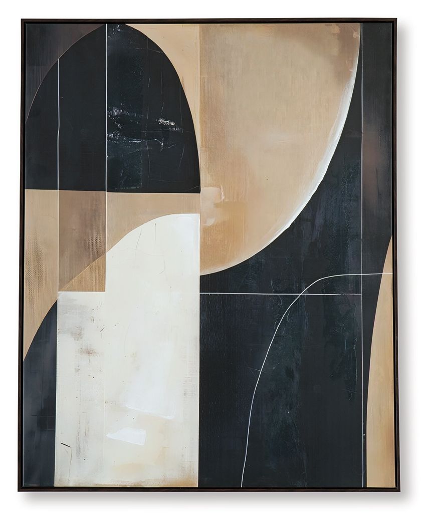 Framed abstract wall art with large tan curve, black panels, and thin white line details