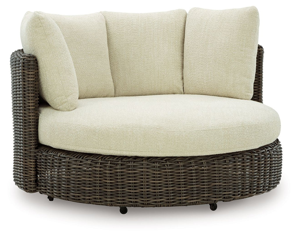 Swivel lounge chair with cushion, beige seat and tall back, dark brown woven base