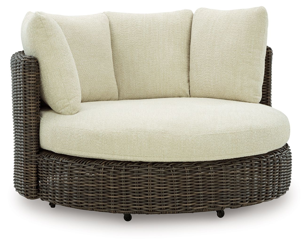 Swivel lounge chair with cushion, beige seat and tall back, dark brown woven base