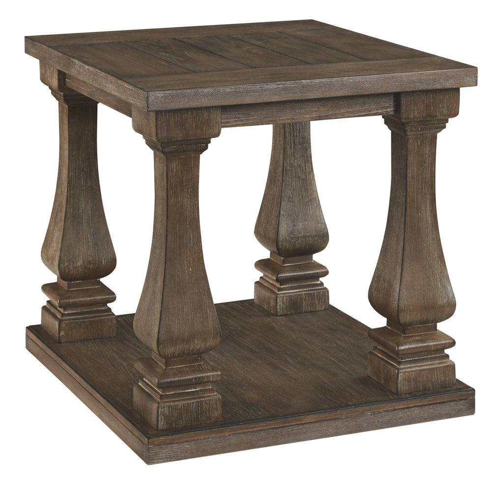 Rectangular end table with dark gray wood finish, turned legs, and lower shelf.
