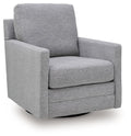 Gray swivel accent chair with padded arms, rounded back, and thick seat cushion