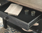 Dining table set server top with open compartment, folded napkin, and cups