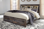 Panel bookcase bed with dark wood frame, white bedding, and two front drawers