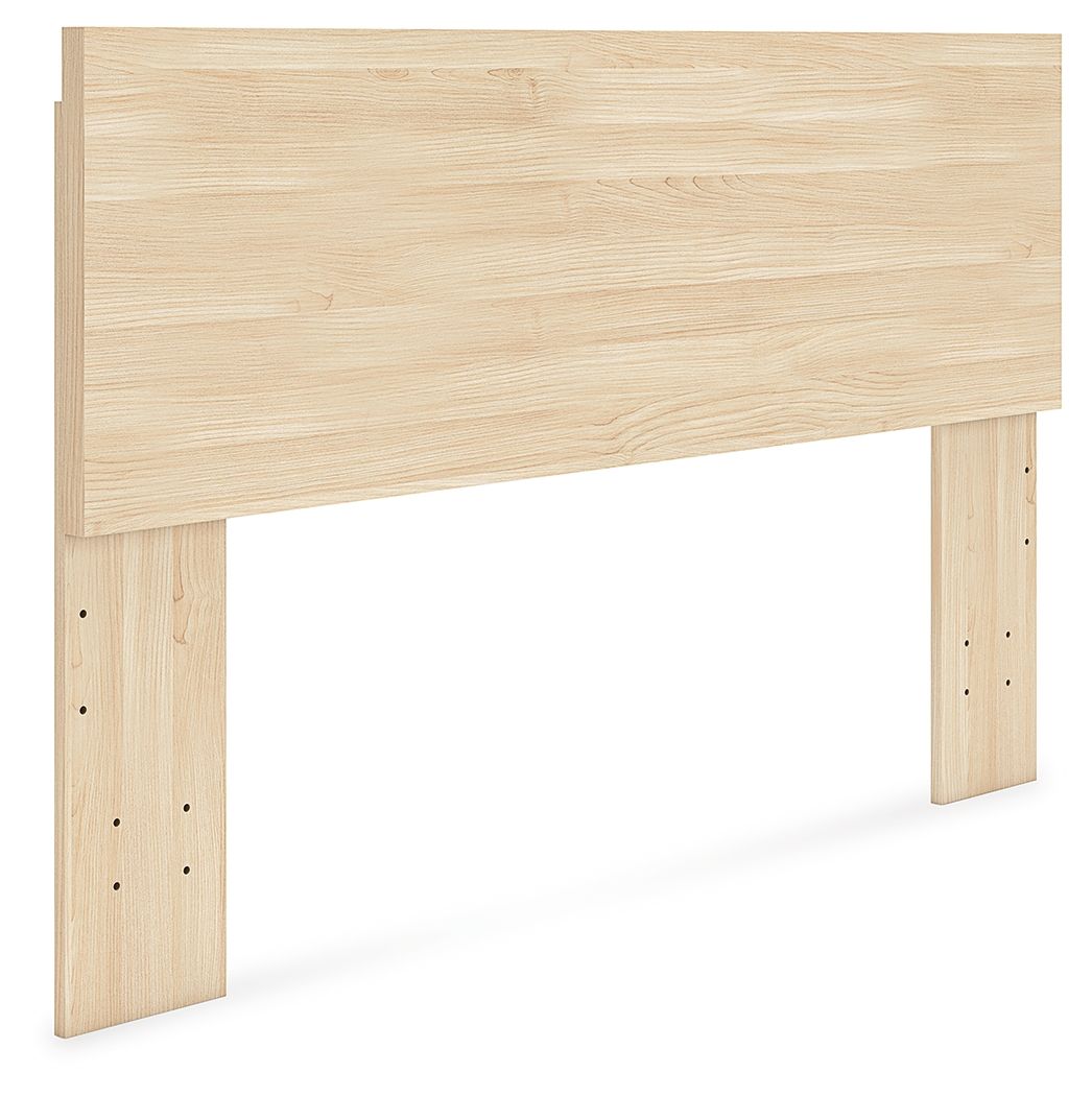 Light wood panel headboard showing top rail and two side support posts with holes.