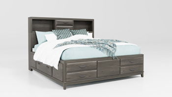 King storage bed footboard and rails, dark gray wood frame with drawers