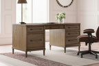 Brown home office desk with multiple drawers, open center, and simple legs